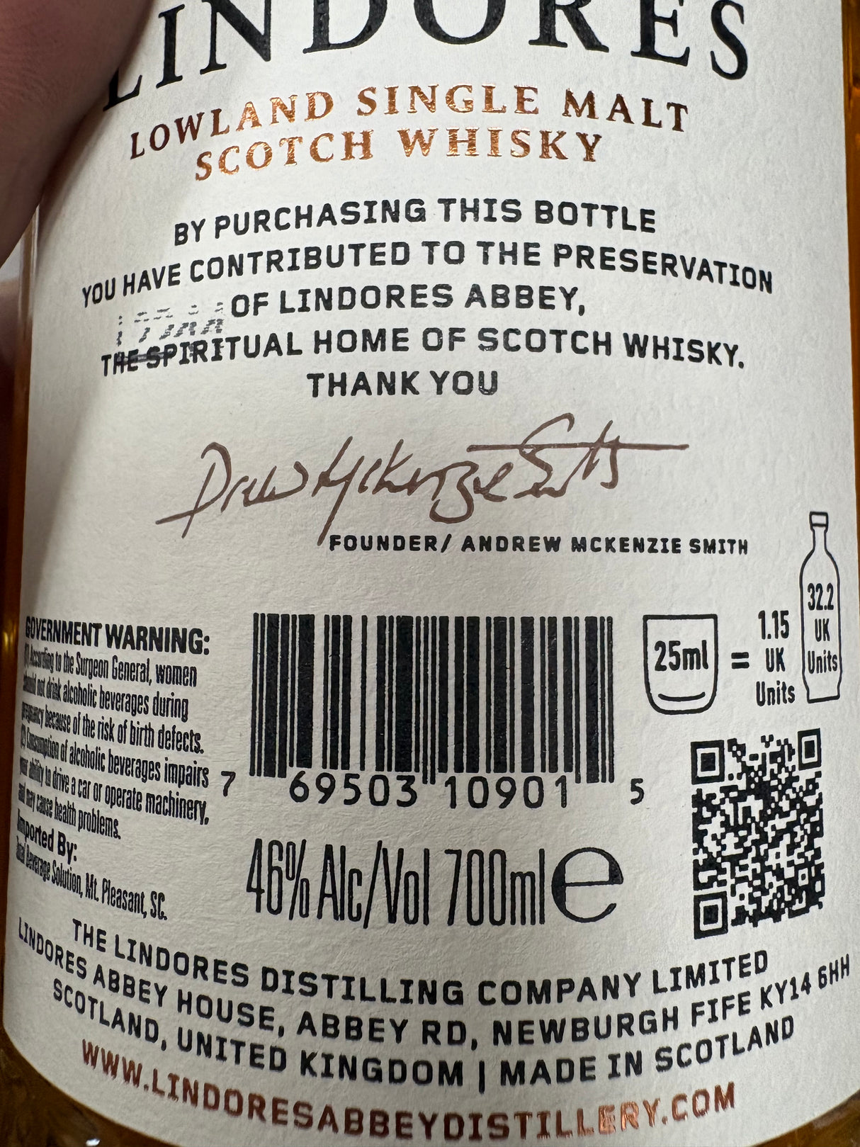 Lindores de Abbey Lowland Single Malt Scotch Whisky 700ml