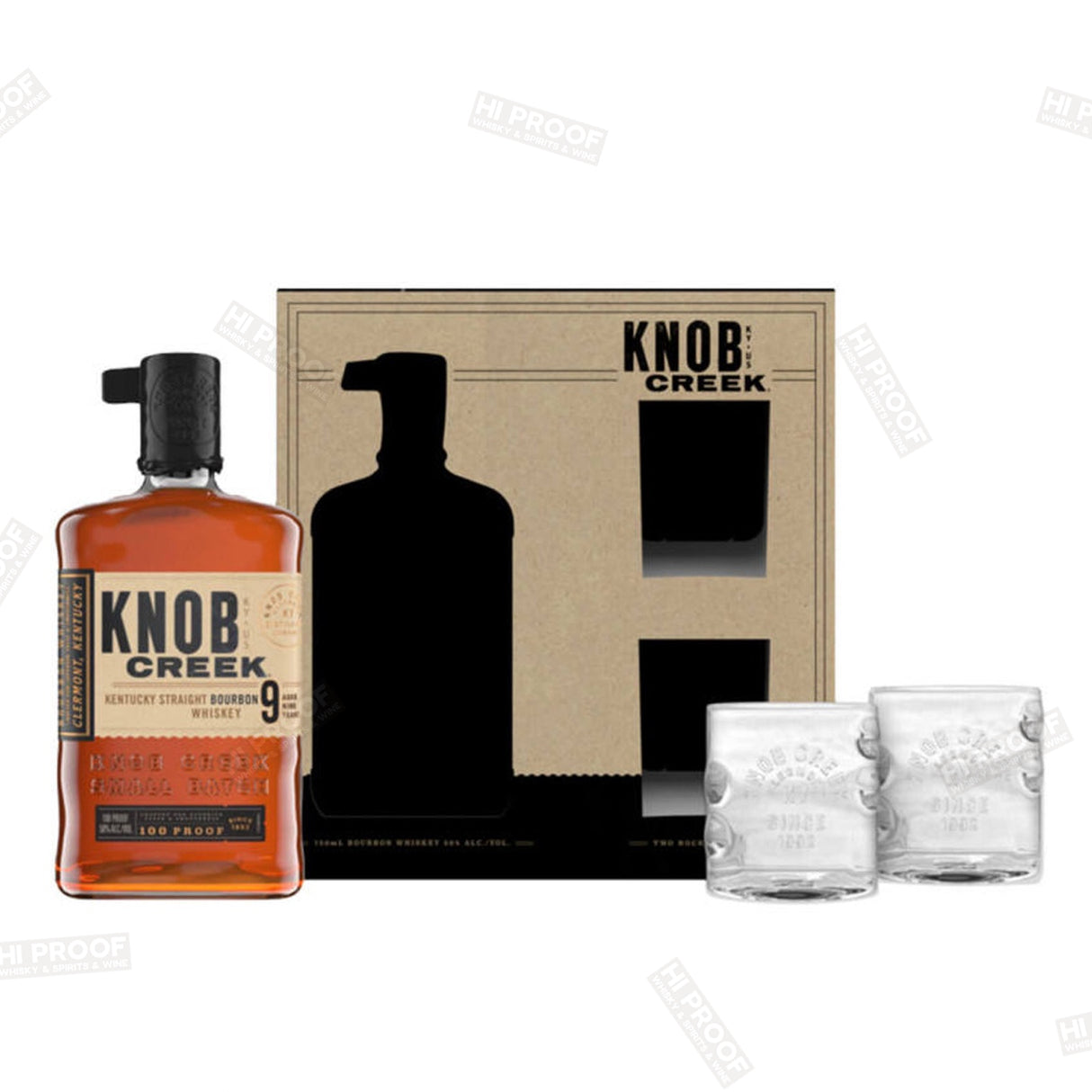 Knob Creek Kentucky Straight Bourbon Aged 9 Years 100 Proof with 2 signature glasses Gift set