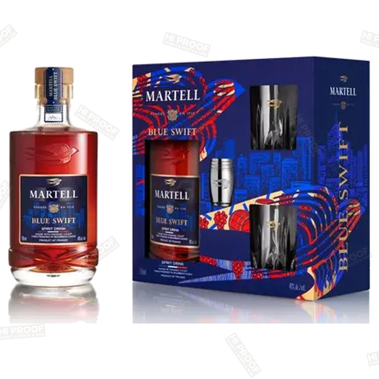 Martell Blue Swift VSOP Cognac Gift Set w/Jigger & Glasses