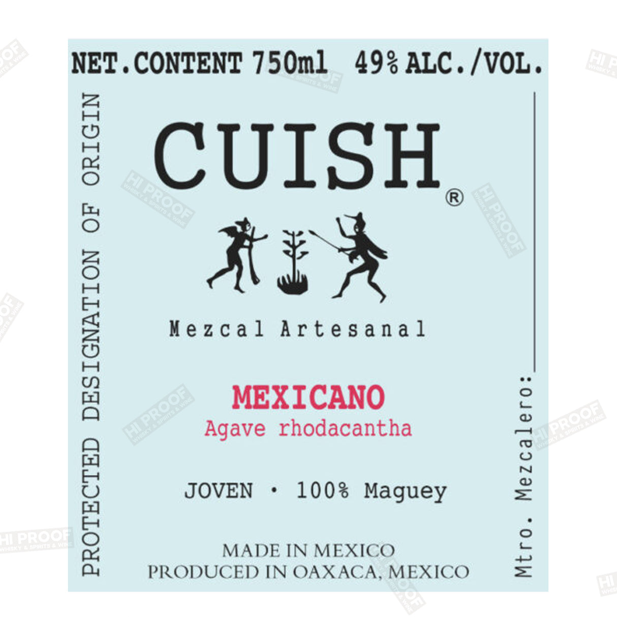 Mezcal Cuish Destilado de Agave, Mexicano 'Francisco Garcia Leon' 750ml