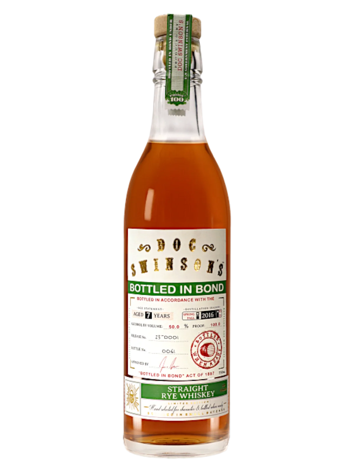 Doc Swinson Bottled in Bond Straight Rye Whisey 7 Year Old 750 ml (mgp)