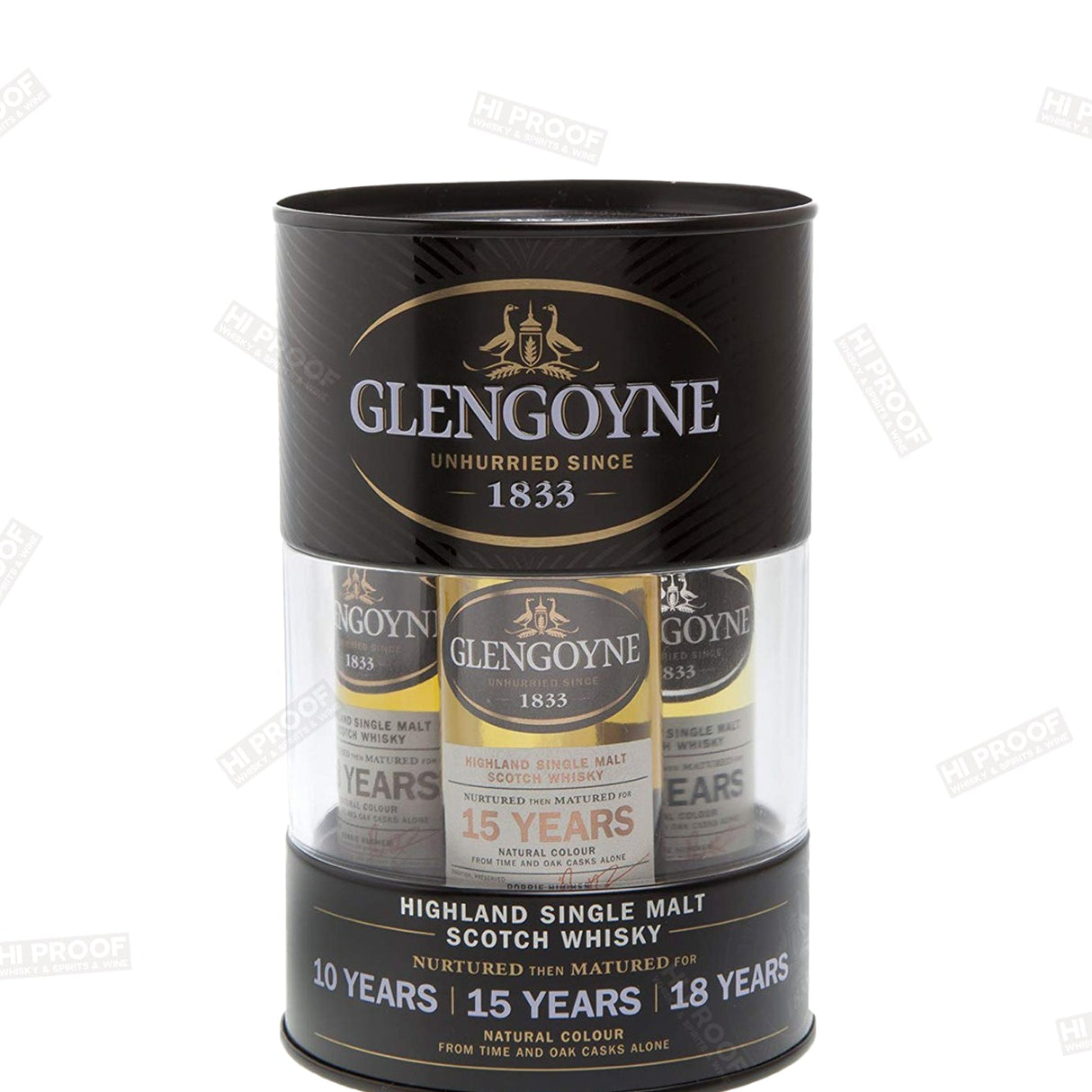 GLENGOYNE TIN PACK MINIATURE 10 YEARS, 15 YEARS, 18 YEARS - Hi Proof - GLENGOYNE