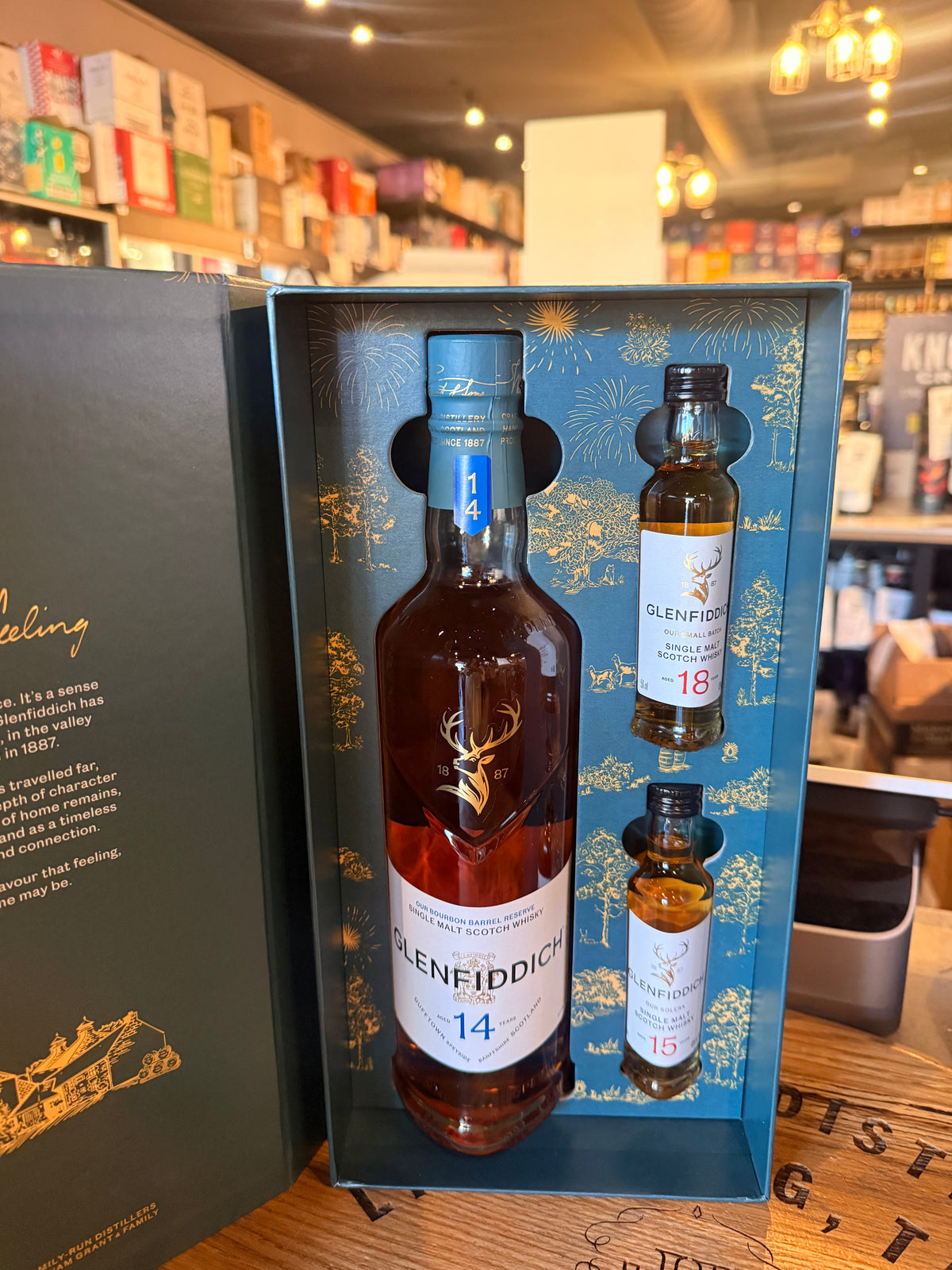 Glenfiddich Bourbon Barrel Reserve 14 Year Old Single Malt Scotch Whisky 750ml with 15 Year 50ml & 18 Year 50ml Gift Pack