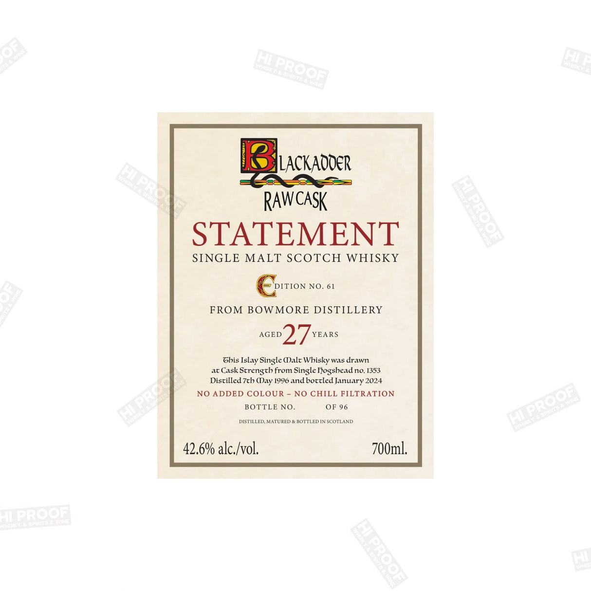 Blackadder Raw Cask Statement Bowmore 27 Year Old 700ml 42.6% - Hi Proof - Blackadder