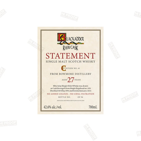 Blackadder Raw Cask Statement Bowmore 27 Year Old 700ml 42.6% - Hi Proof - Blackadder