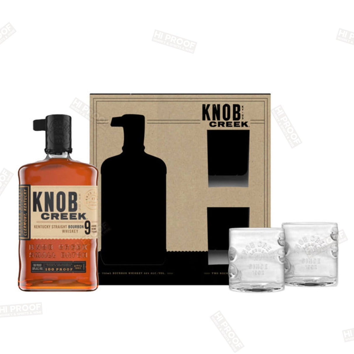 Knob Creek Kentucky Straight Bourbon Aged 9 Years 100 Proof with 2 signature glasses Gift set - Hi Proof - Knob Creek